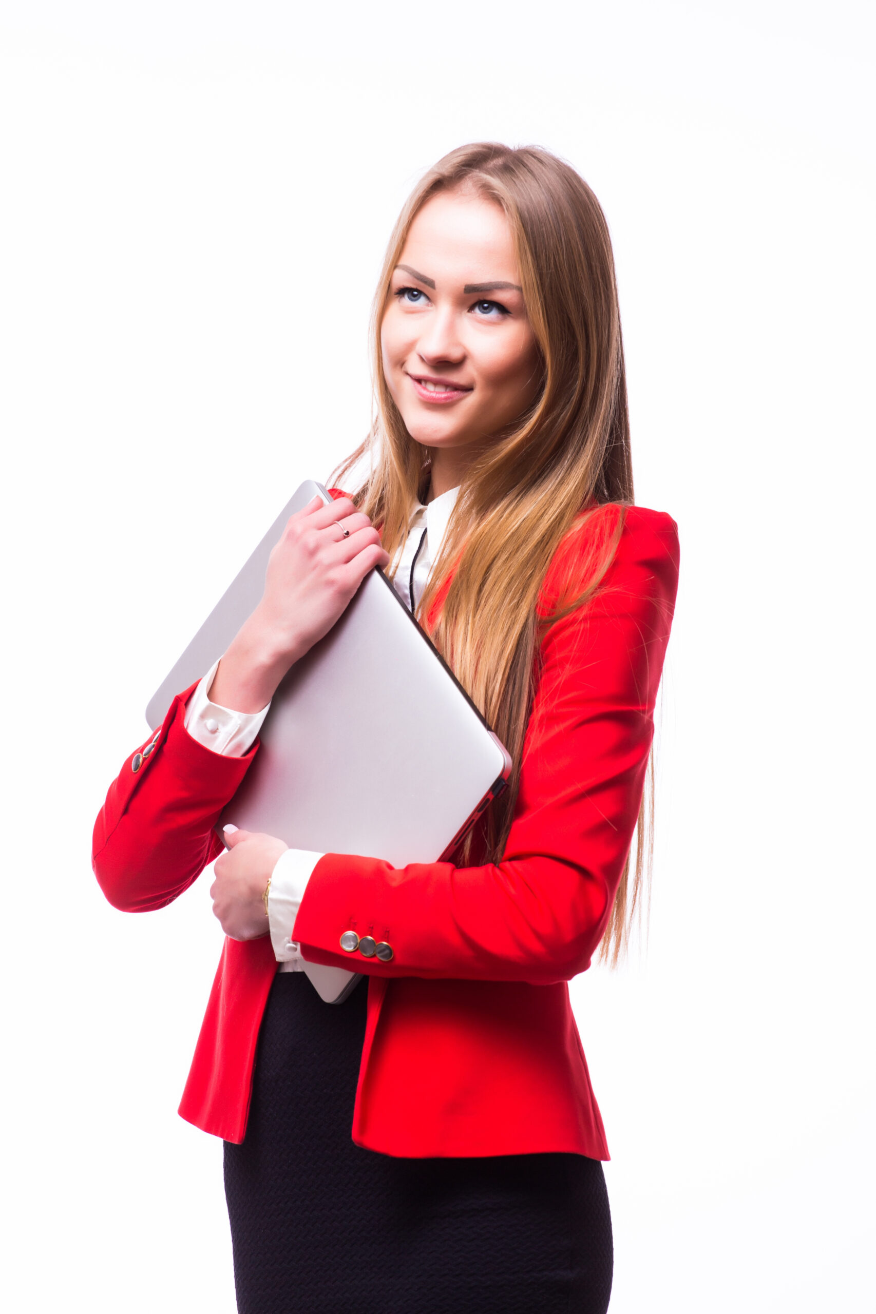 Successful business woman is standing on isolated background.